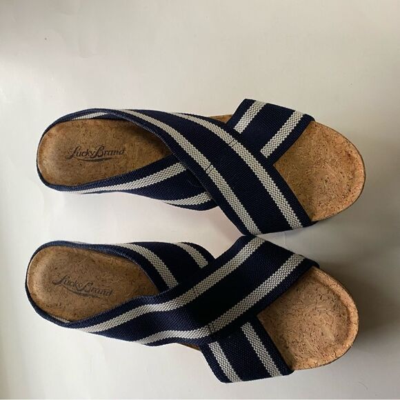 Lucky Brand Miller 2 wedge cork heel sandals navy blue strip strappy slip on 9M - Picture 4 of 13